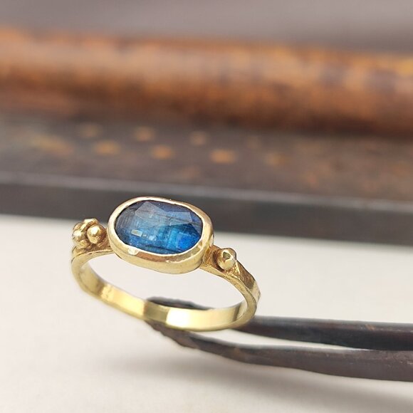 14K Yellow gold ring with Blue Kyanite. UNIQUE handmade beautiful texture ring.